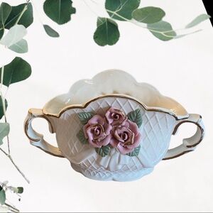 Vintage Porcelain Planter / Vase w/ Handles Cream + Pink Roses